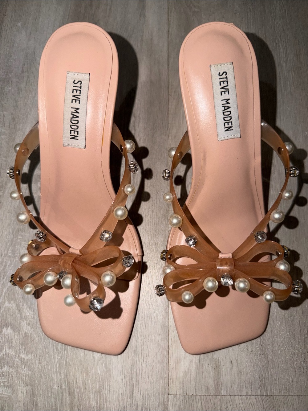 Steve Madden Blush Pink Pearl & Crystal Bow Slide Sandals